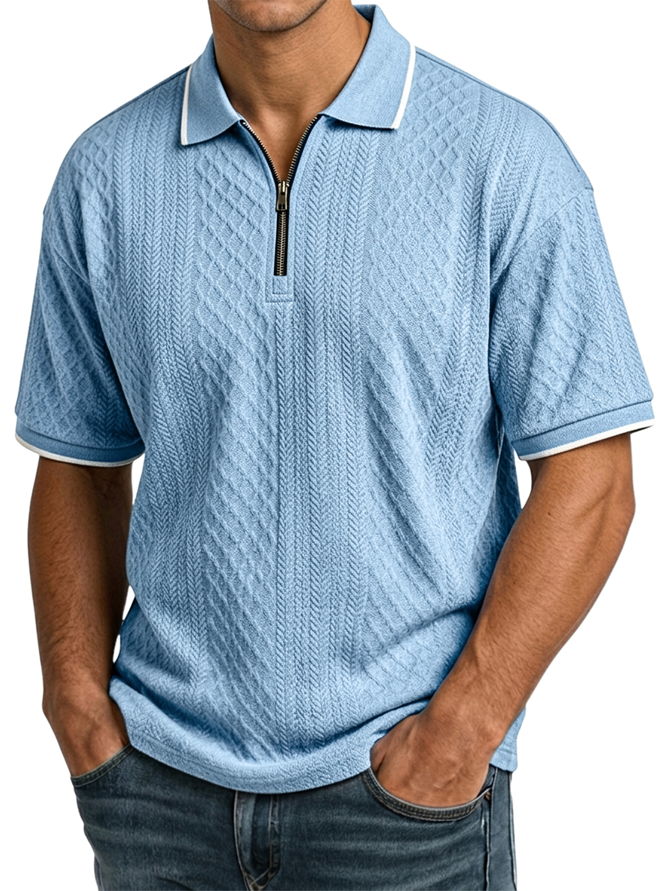 Men's Casual Jacquard Textured Collar Zipper Short-Sleeve Polo Shirt