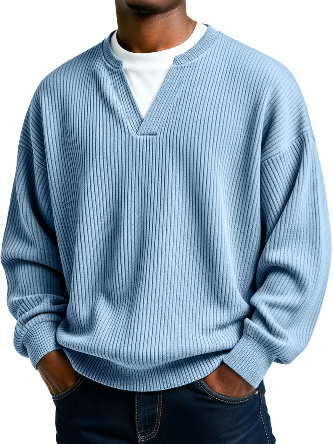 Men's Simple Ribbed V-Neck Faux Two-Piece Casual Long-Sleeve T-Shirt