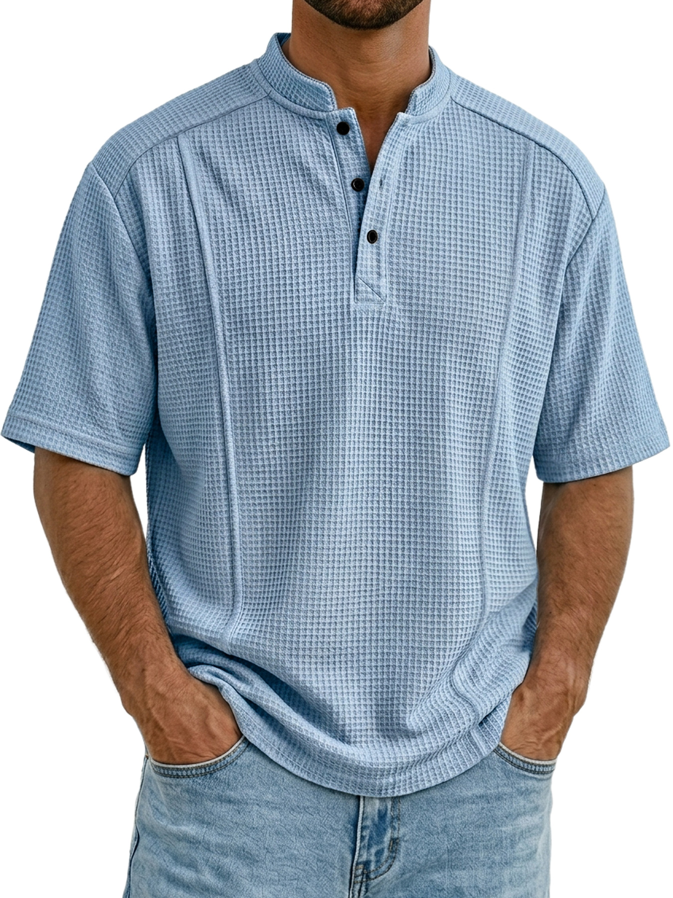 Men's Waffle Collar Button Deconstructed Casual Short-Sleeve Henley Shirt