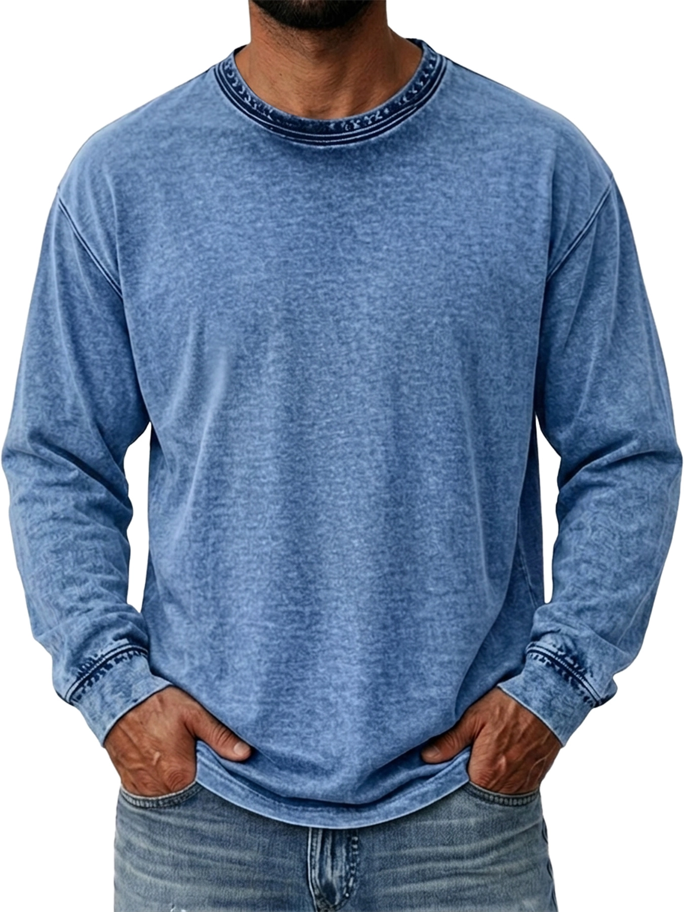 Men's Vintage-Style Distressed Crew-Neck Washed Casual Long-Sleeve T-Shirt