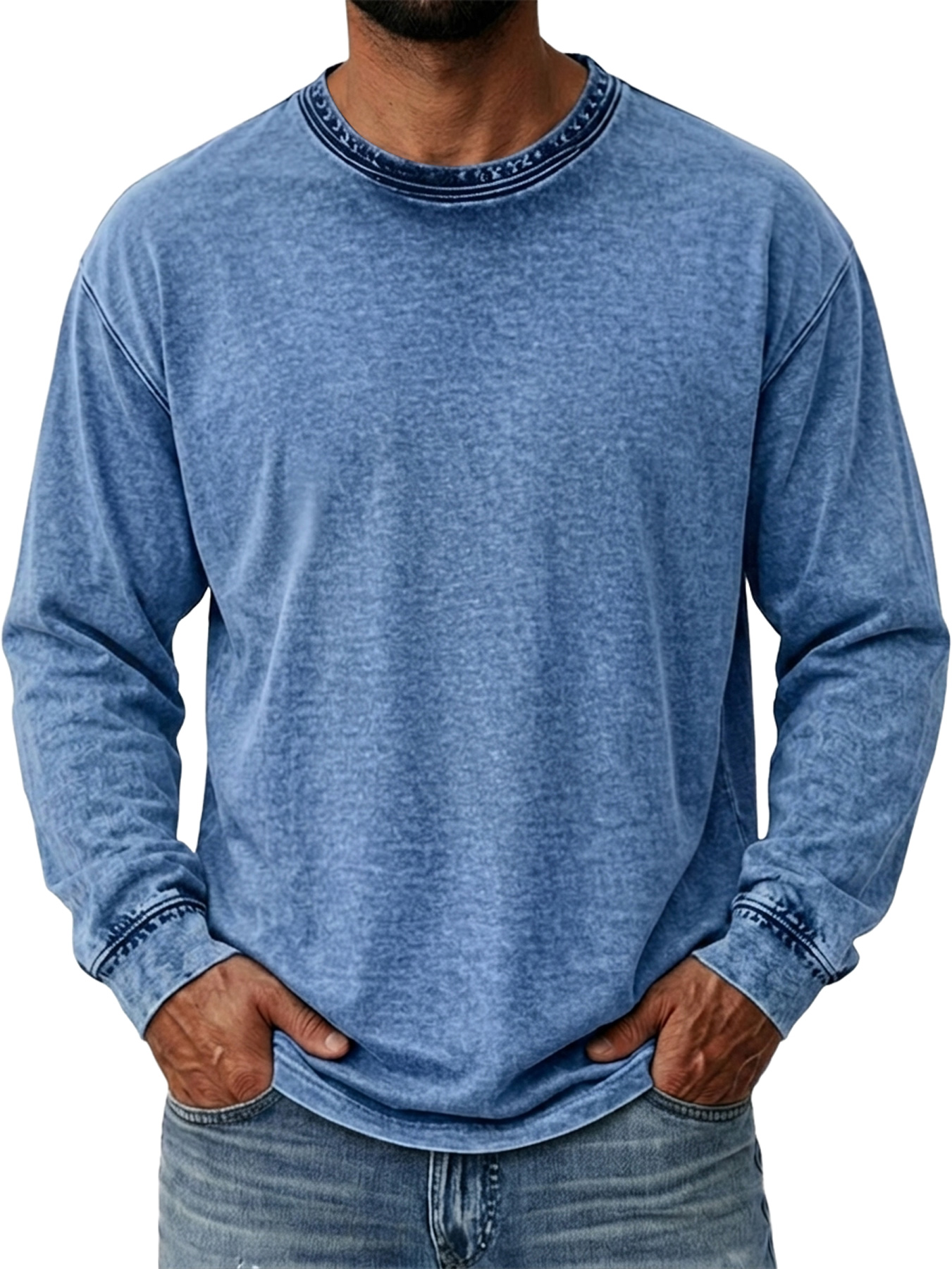 Men's Vintage-Style Distressed Crew-Neck Washed Casual Long-Sleeve T-Shirt