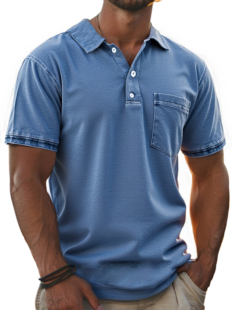 Men's Stylish Retro Pure Cotton Distressed Fabric Pocket Lapel Polo Shirt 