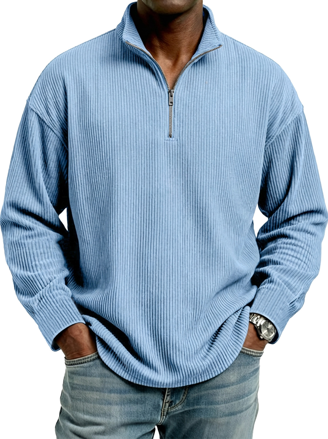 Men's Stand Collar Zipper Ribbed Comfortable Long-Sleeve T-Shirt