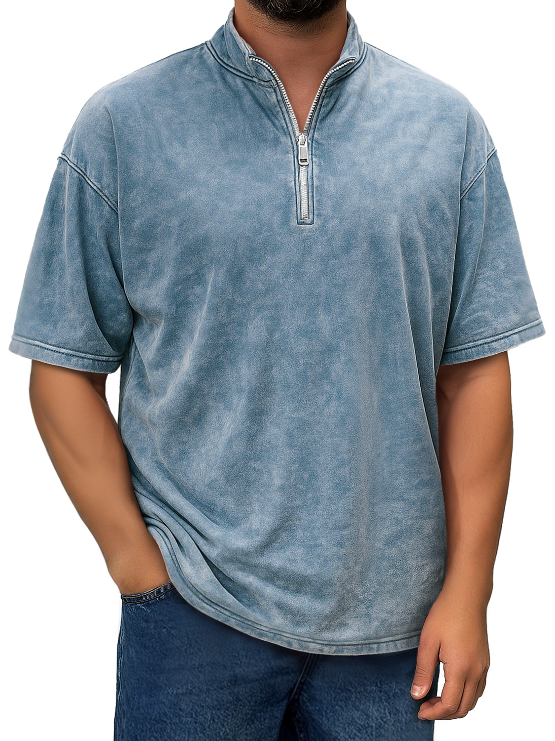 Men's Retro Stand Collar Zipper Casual Short Sleeve T-shirt