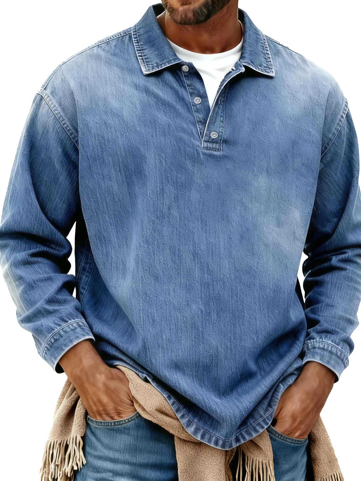 Men's Retro Fashion Distressed Collar Long-Sleeve Polo Shirt