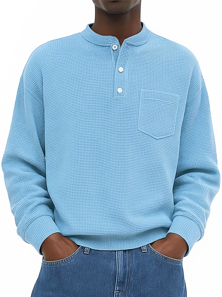 Men's Wear Fashionable Casual Waffle Fabric Pockets Long-sleeved Henry Shirt