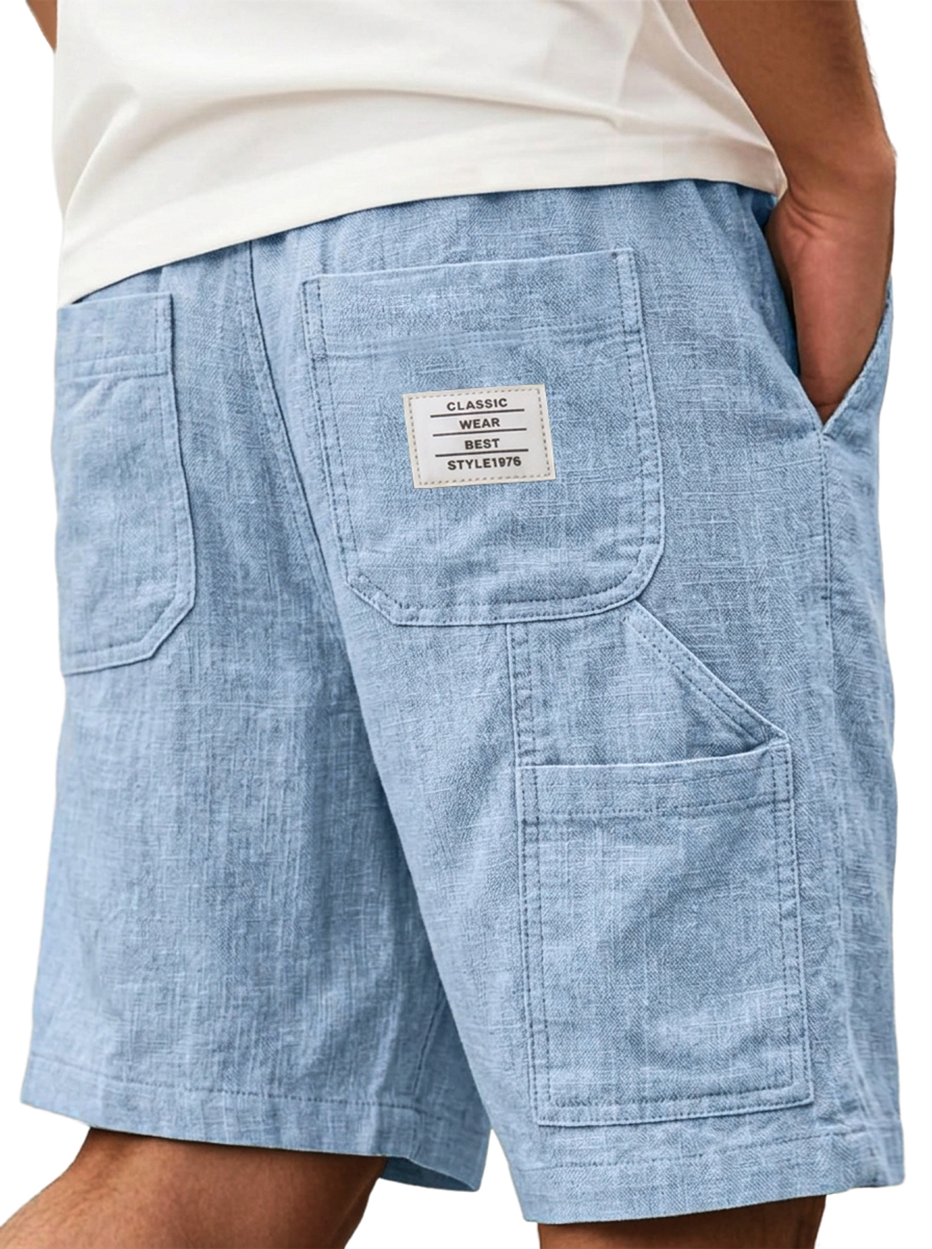 Men's Comfortable Cotton Linen Multi-Pocket Embroidered Logo Casual Cargo Shorts