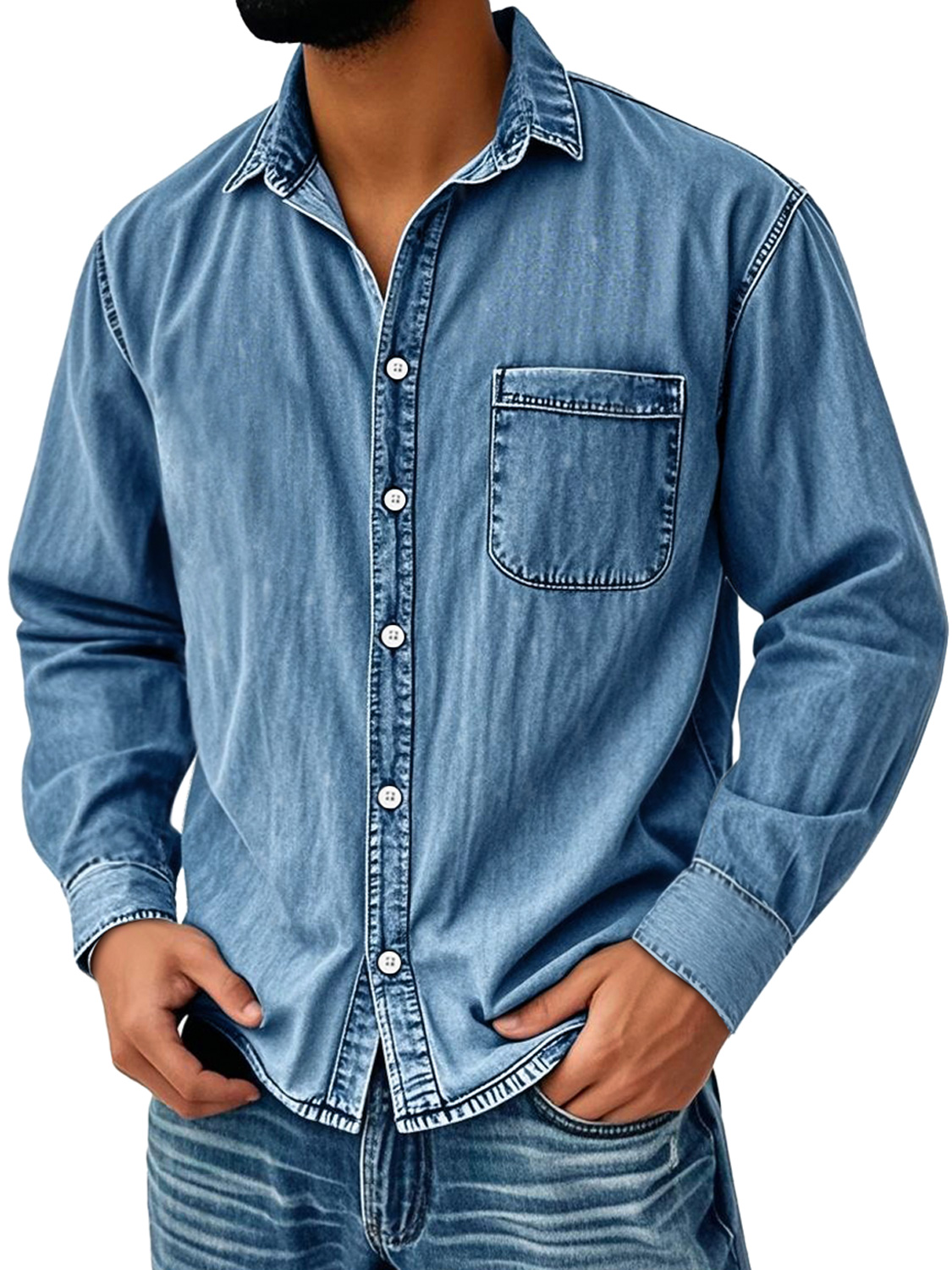 Men's Vintage Distressed Lapel Pocket Casual Long-sleeved Shirt