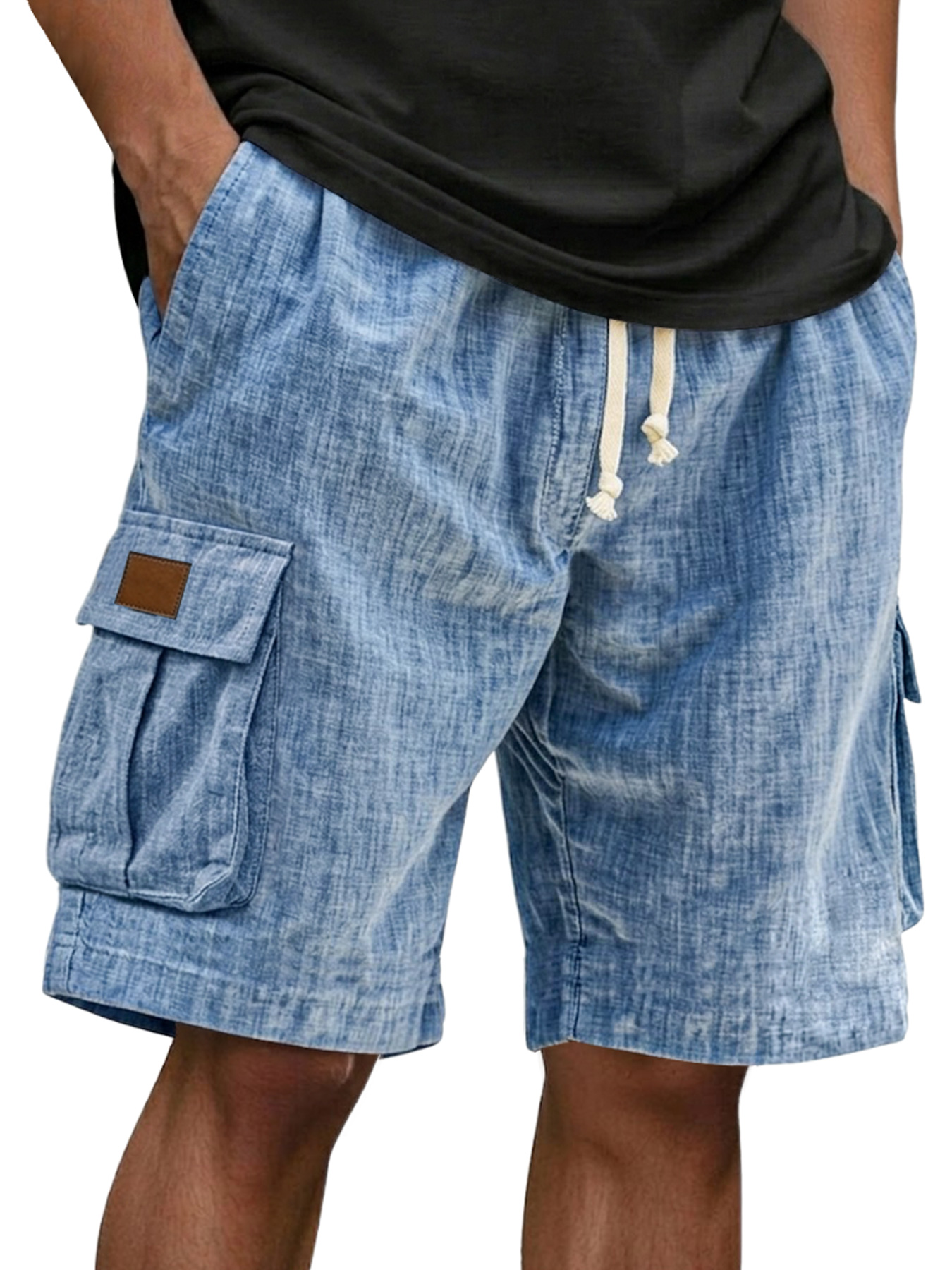 Men's Casual Linen Multi-pocket Embroidered Label Cargo Shorts