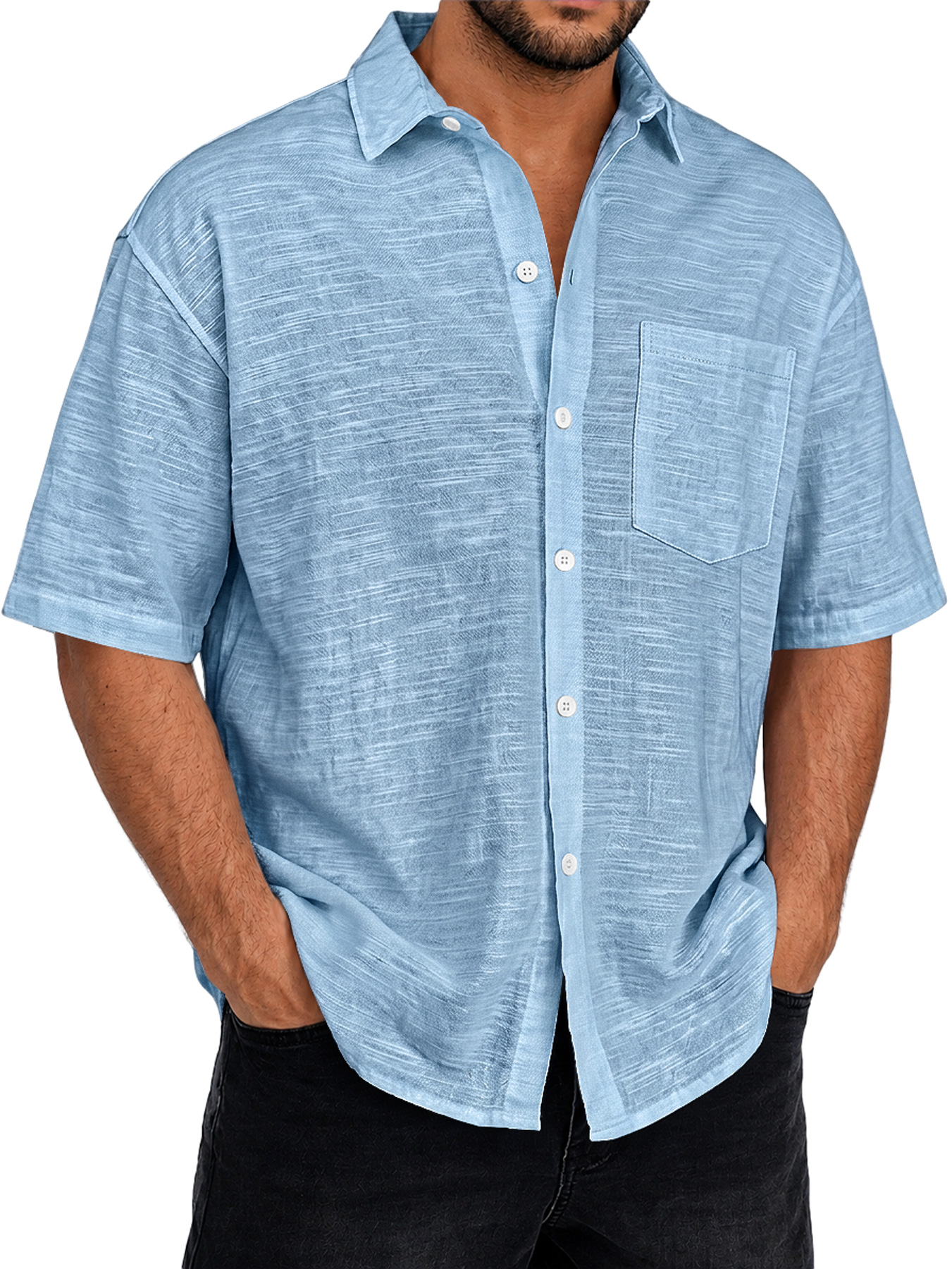 Men's Textured Casual Short-Sleeve Shirt with Collar and Pocket