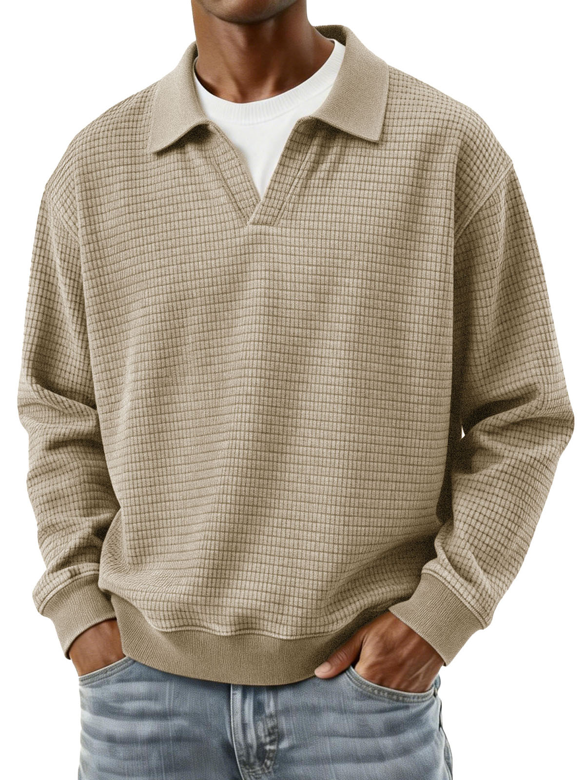 Stylish Casual Loose Corduroy Fabric V-shaped Lapel Long-sleeved Polo Shirt