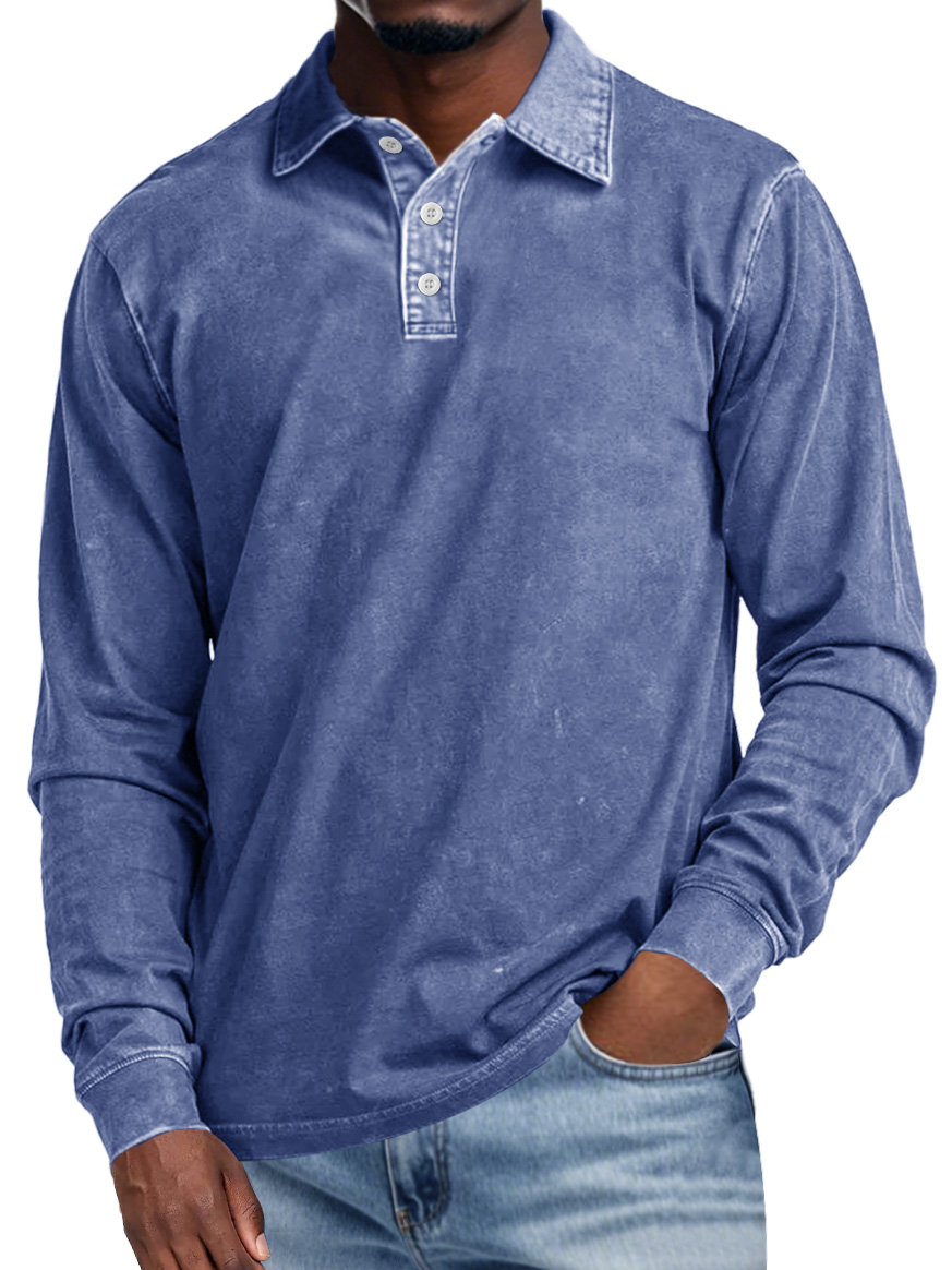 Men's Retro Lapel Button Casual Solid Color Long Sleeve Polo Shirt