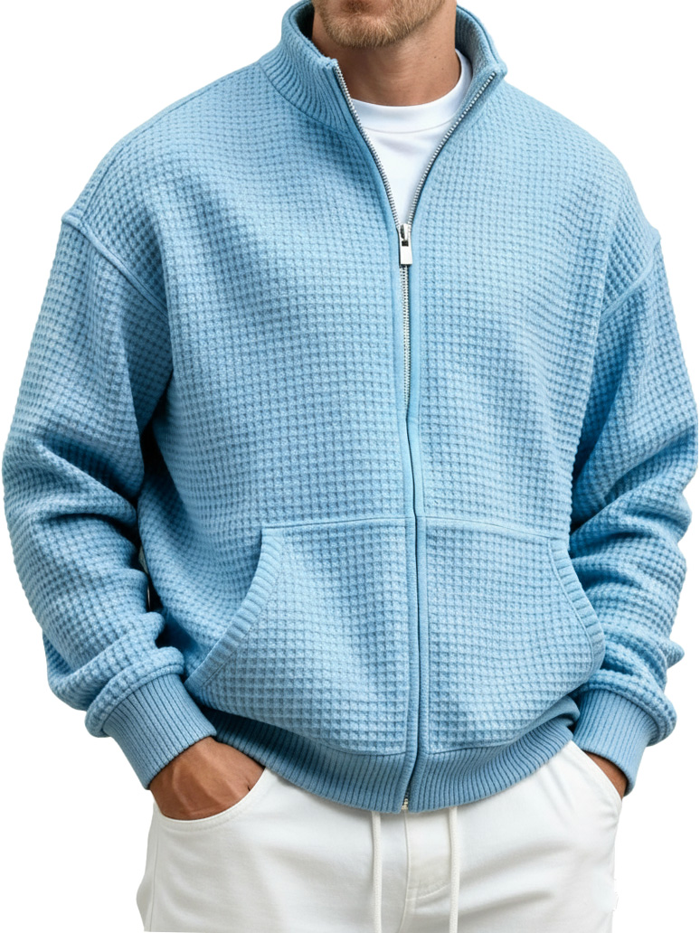 Men's Fashion Casual Waffle Fabric Stand Collar Long-Sleeve Pocket Sweatshirt