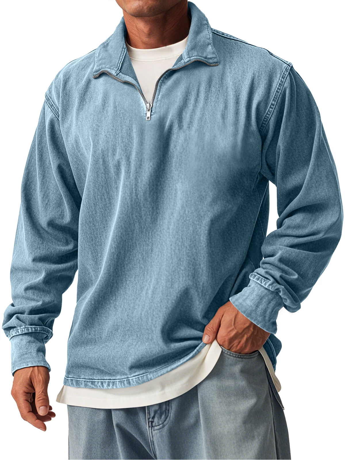 Men's Retro Casual Stand Collar Zipper Long Sleeve T-Shirt
