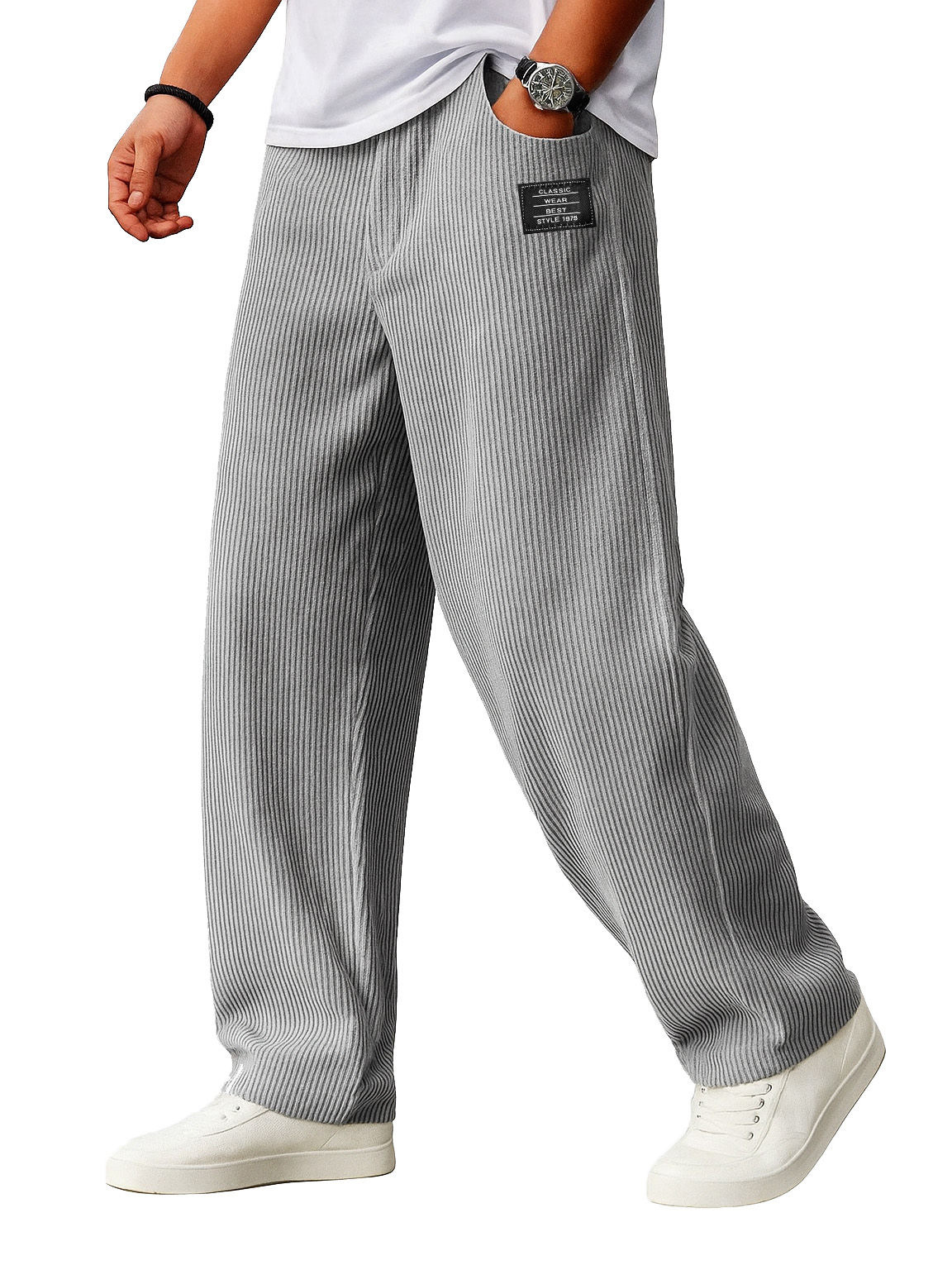 Men's Stylish Everyday Corduroy Ribbed Fabric Pants With Loose-fitting Drawstring Waist And Embroidered Logo