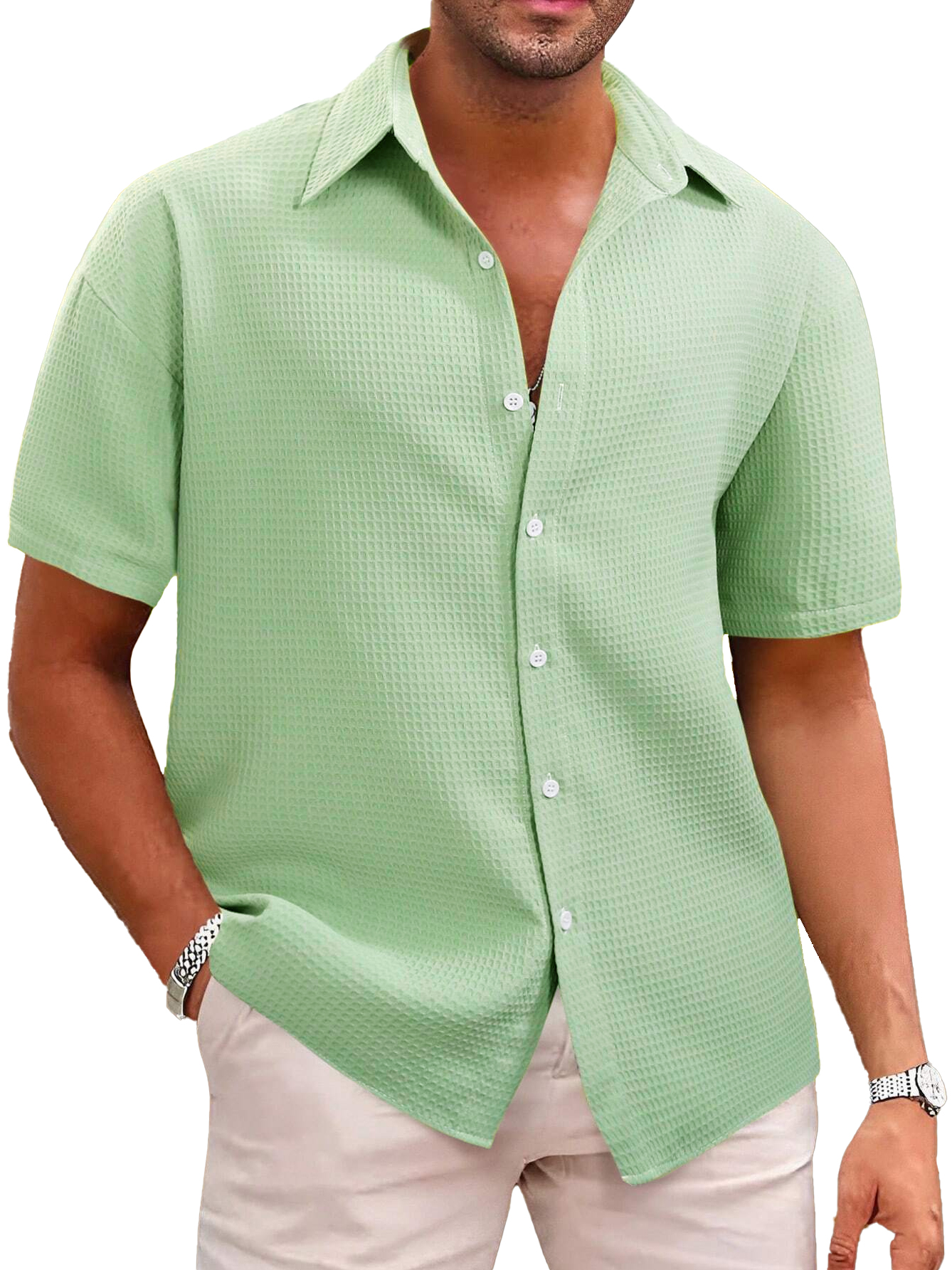 Hawaiian Men's Casual Lapel Waffle Fabric Short Sleeve Shirt