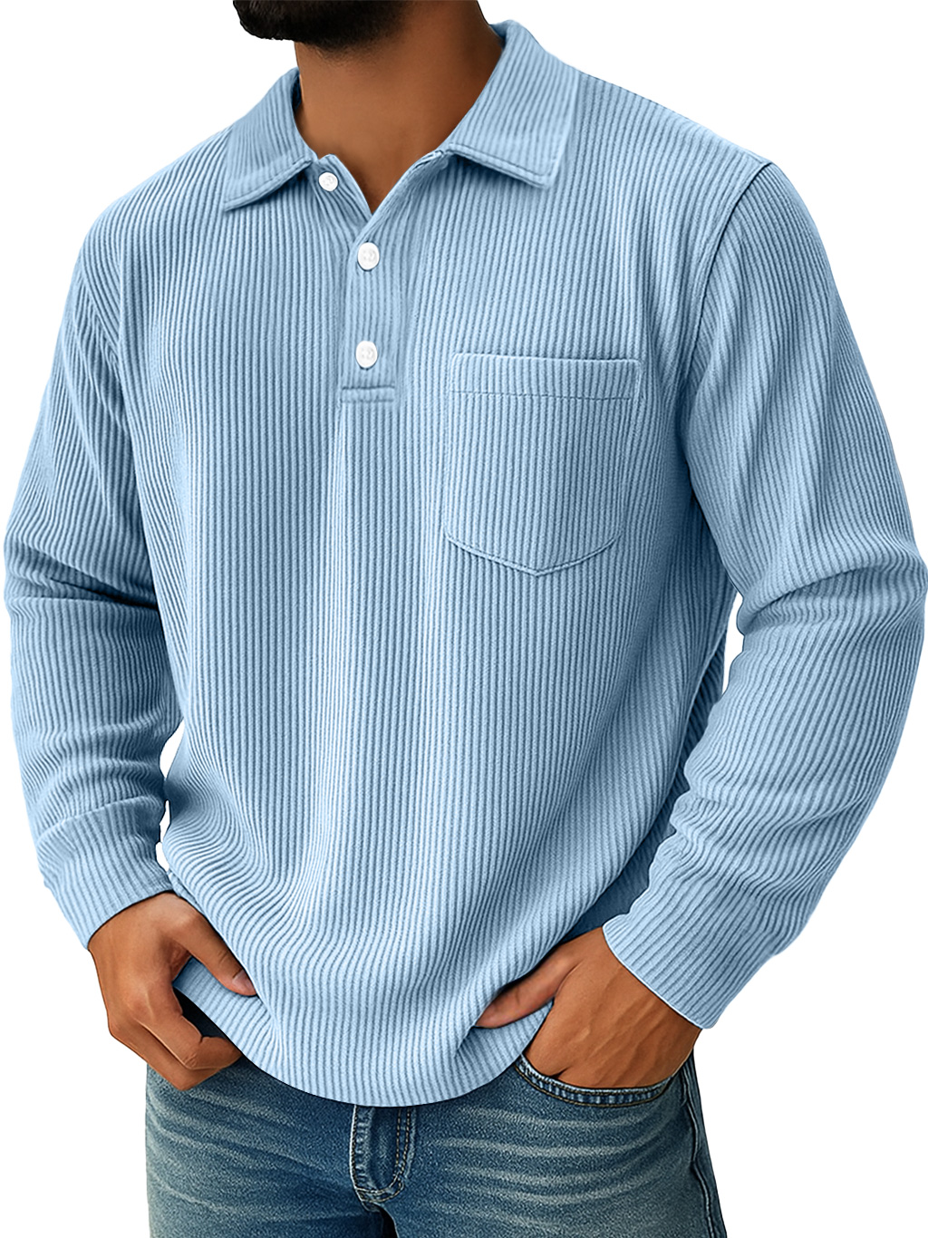 Men's Daily Ribbed Lapel Button-down Casual Pocket Long-sleeved Polo Shirt