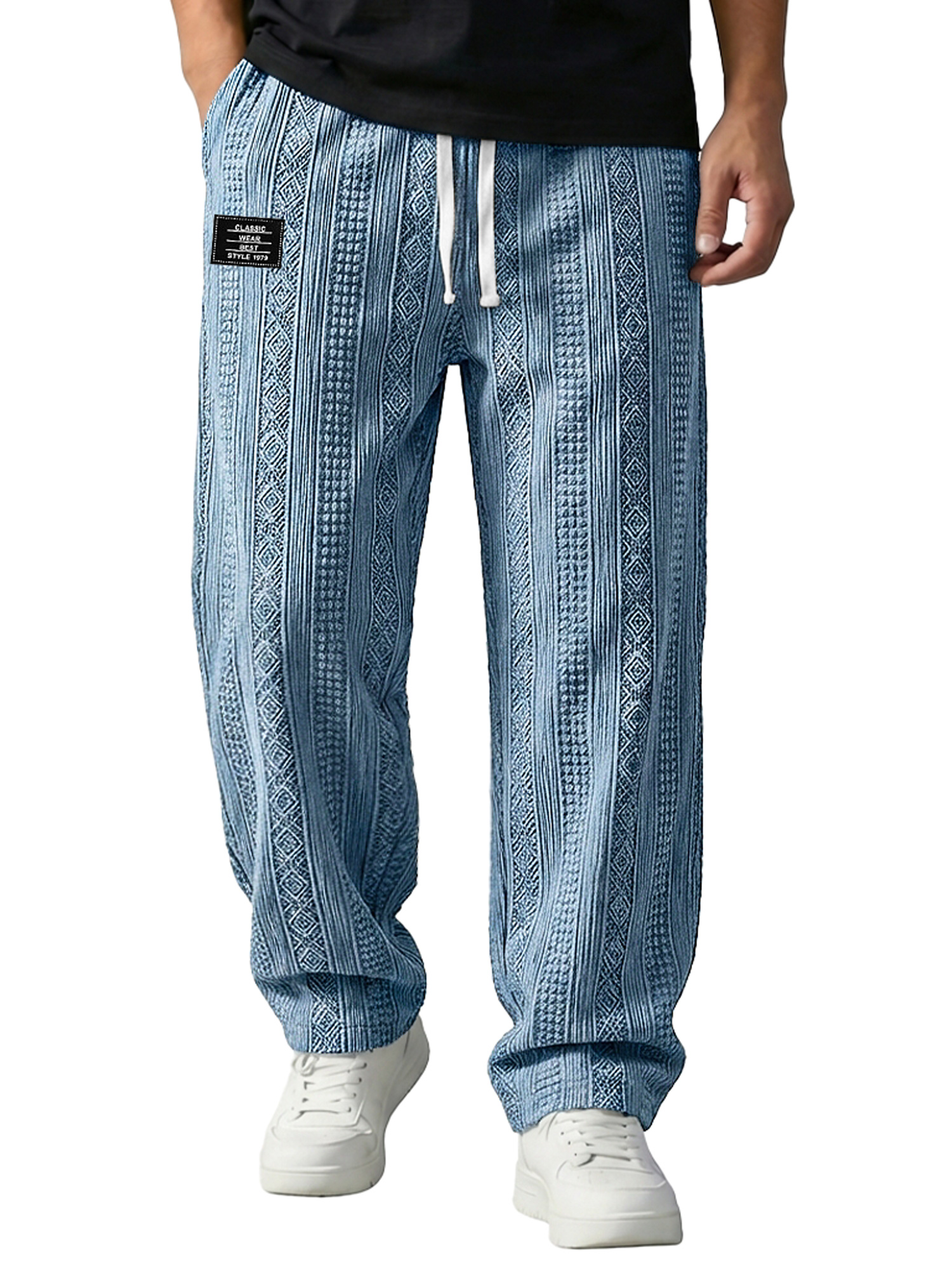 Men's Jacquard Textured Embroidered Logo Casual Loose-fitting Trousers With Elastic Waistband