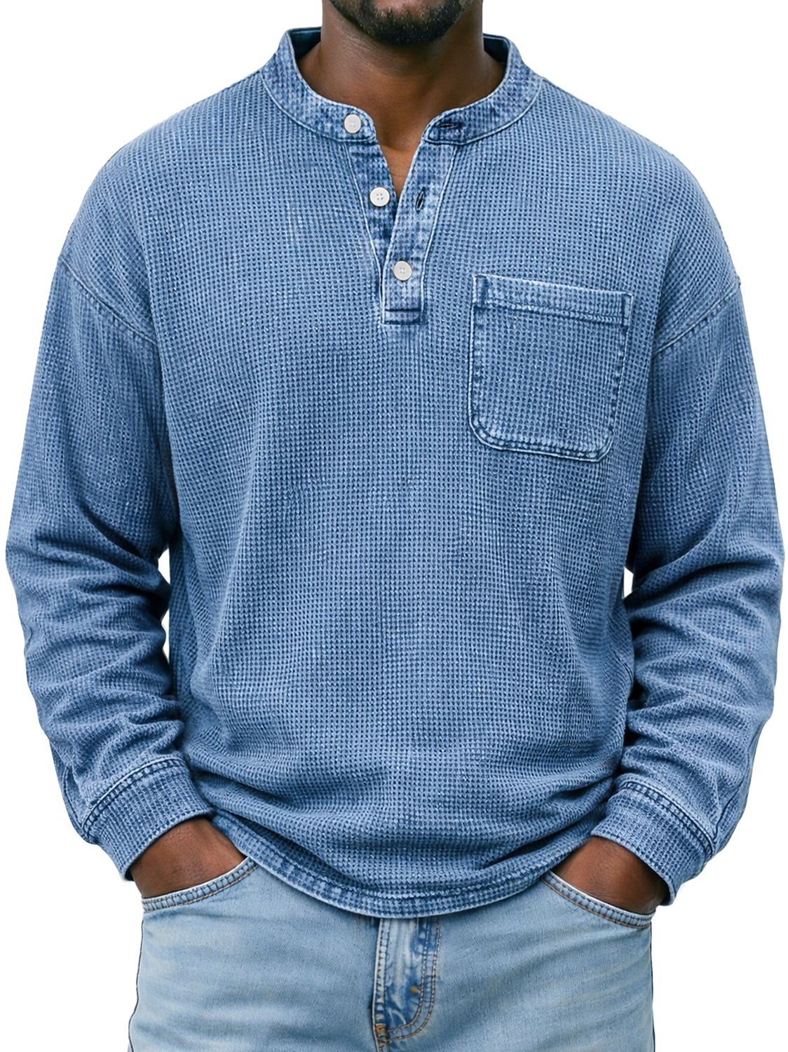 Men's Simple Waffle-knit Casual Long-sleeved Henley Shirt With Pocket