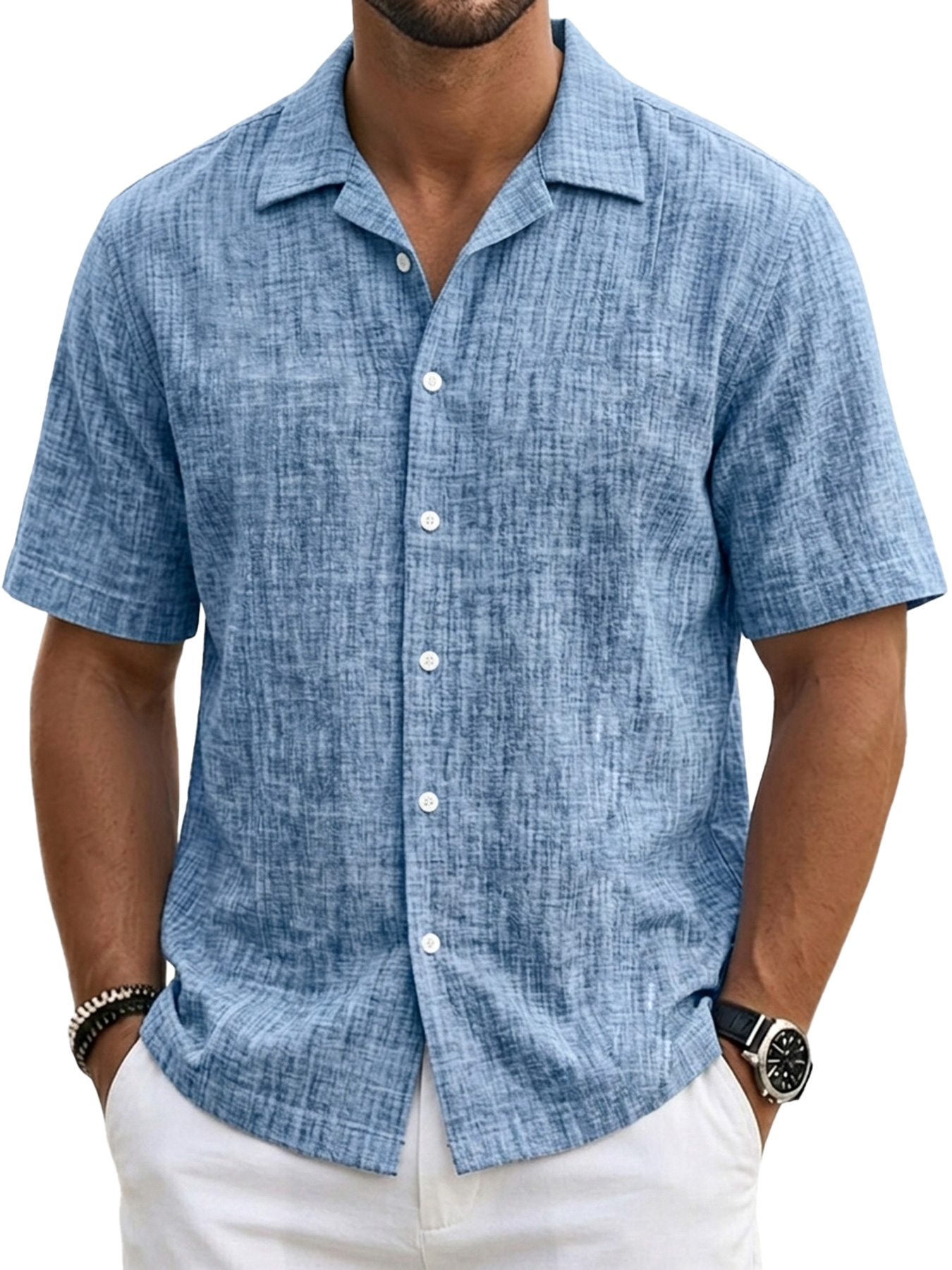 Men's Casual Linen Comfort Solid Color Short-Sleeve Shirt