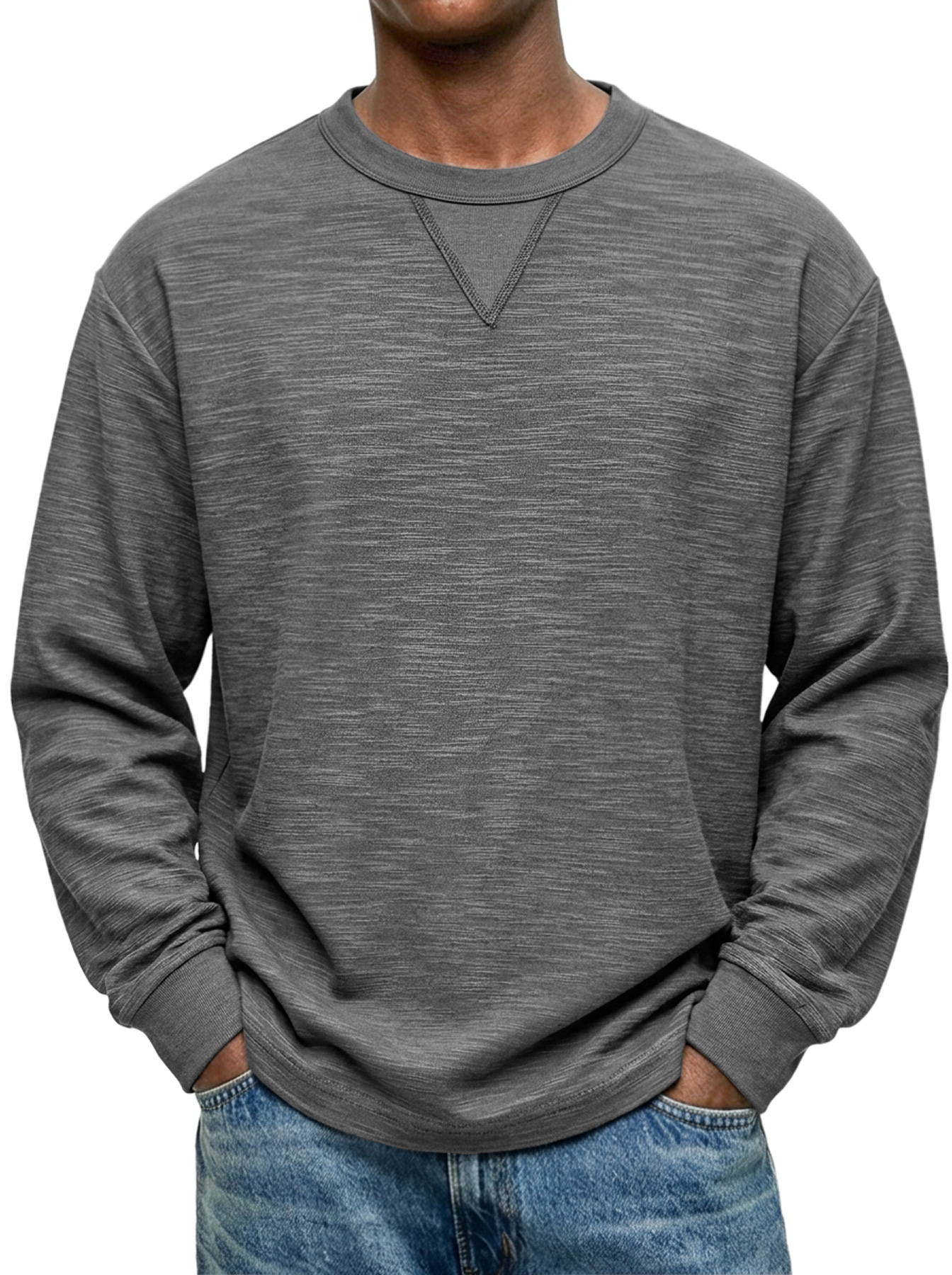 Men's Textured Long-Sleeve Crew-Neck T-Shirt with Inverted-Triangle Design