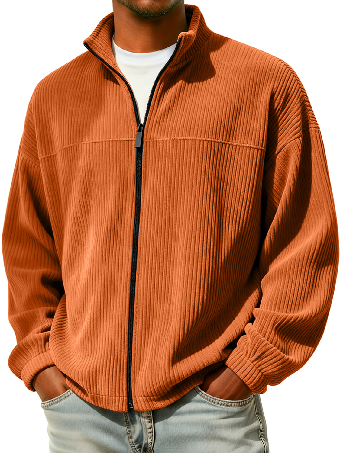 Men's Simple Stand Collar Zippered Corduroy Casual Jacket