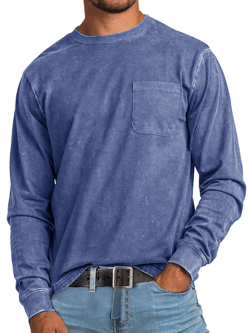 Men's Retro Casual Round Neck Pocket Solid Color Long Sleeve T-Shirt