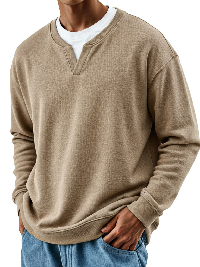 Men's Stylish Casual Retro Fake Two-piece V-neck Loose-fitting Long-sleeved Sweatshirt 