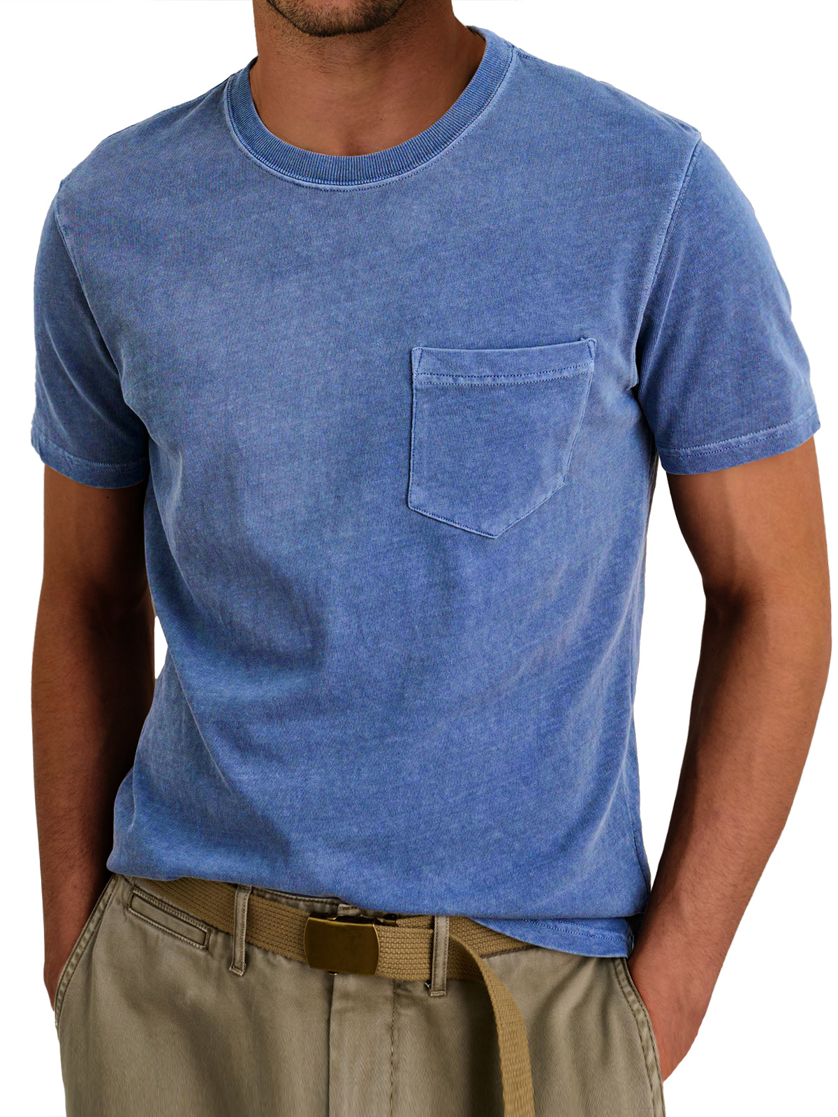 Men's Retro Round Neck Casual Pocket Solid Color Short Sleeve T-Shirt