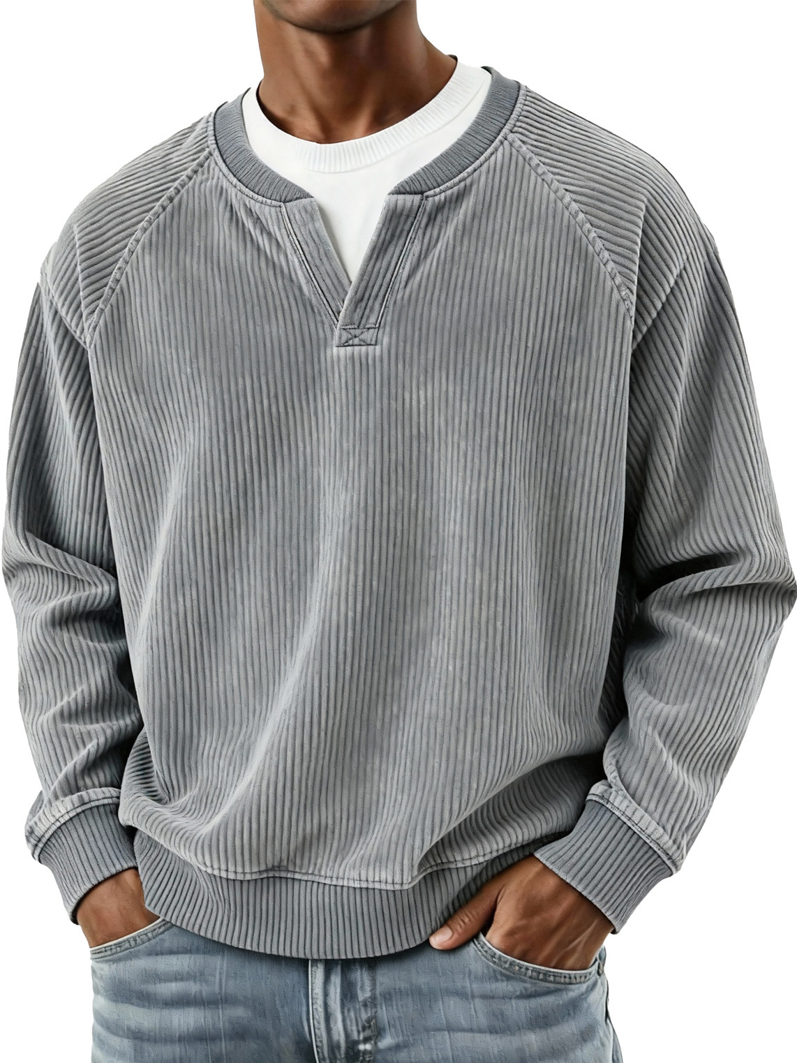 Men's Fashionable Casual Vertical Striped Corduroy Fabric Faux Two-piece Long-sleeved Top 