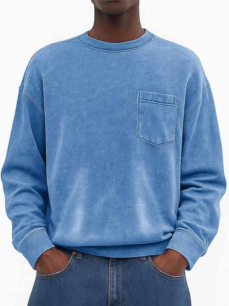 Men's Stylish Vintage Washed And Distressed Fabric Loose-fitting Long-sleeved Crew Neck Sweatshirt With Pockets