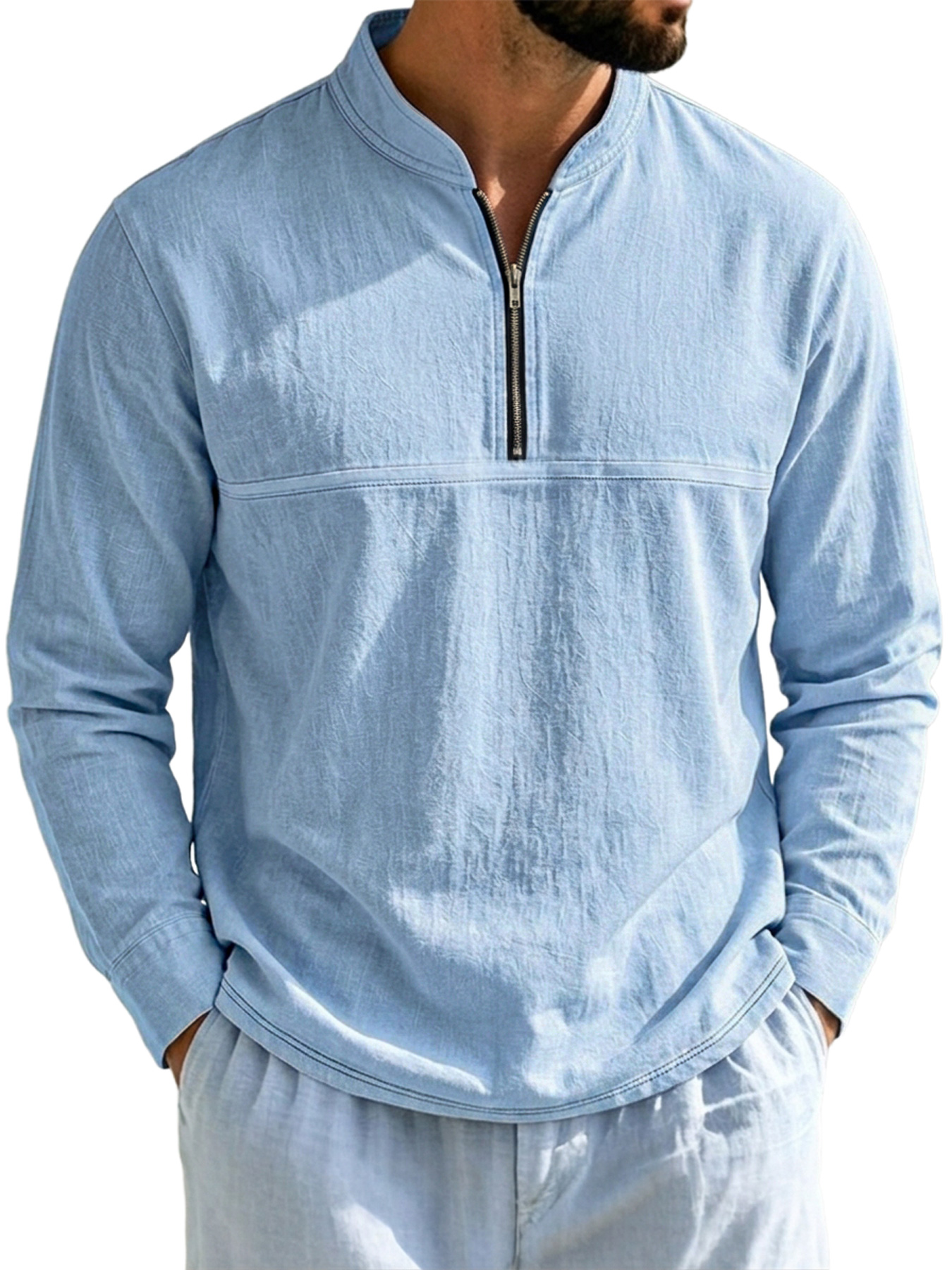 Men's Linen Stand-Collar Zip-Front Casual Long-Sleeve T-Shirt
