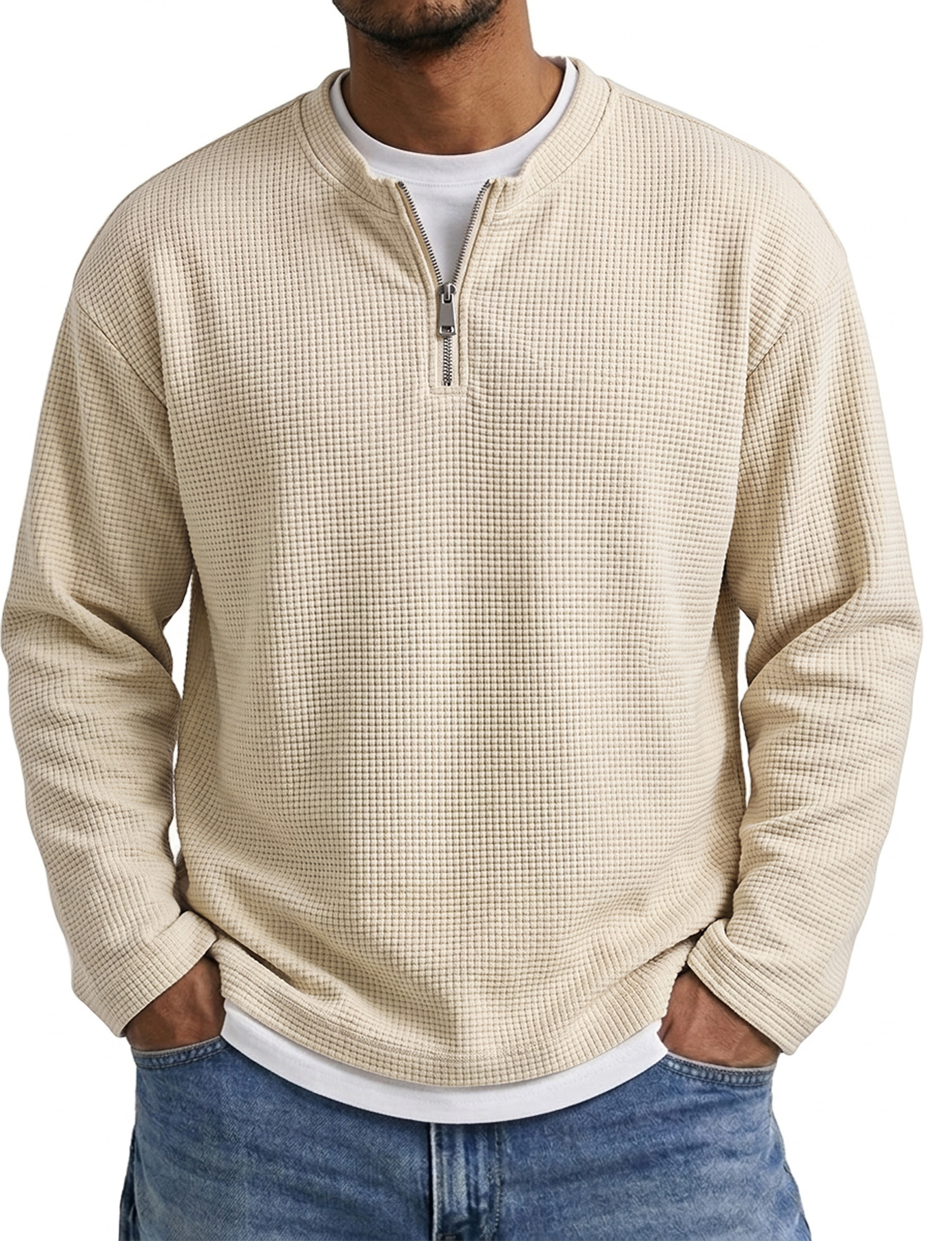 Men's Waffle-Knit Long-Sleeve Casual T-Shirt with Faux-Layered Design, Crew Neck, and Zipper Detail