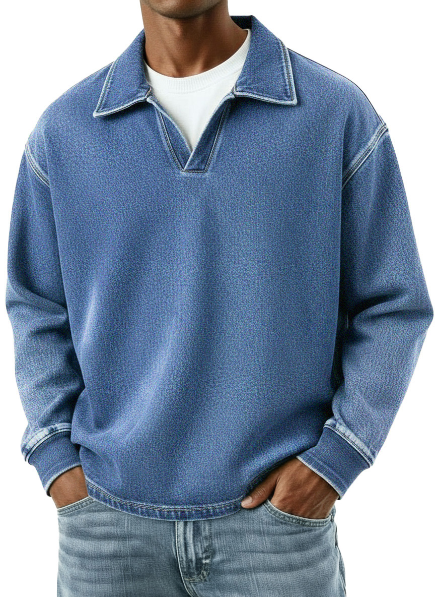 Men's Distressed Retro Fashion Lapel V-Neck Long-Sleeve Polo Shirt