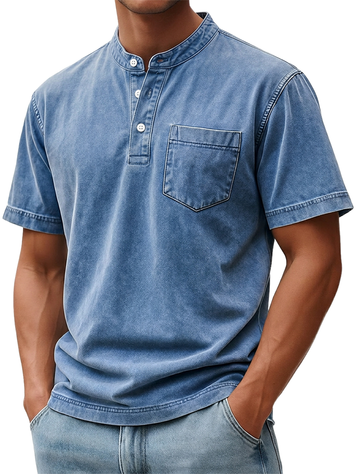 Men's Retro Casual Stand Collar Button-Down Short Sleeve Henley Shirt