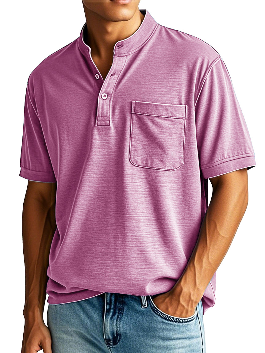 Men's Fashion Casual Stand-up Collar Pocket Short-sleeved Henley Shirt 