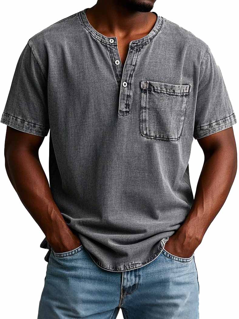 Men's Fashion Casual Vintage Distressed Pocket Short Sleeve Henley Shirt