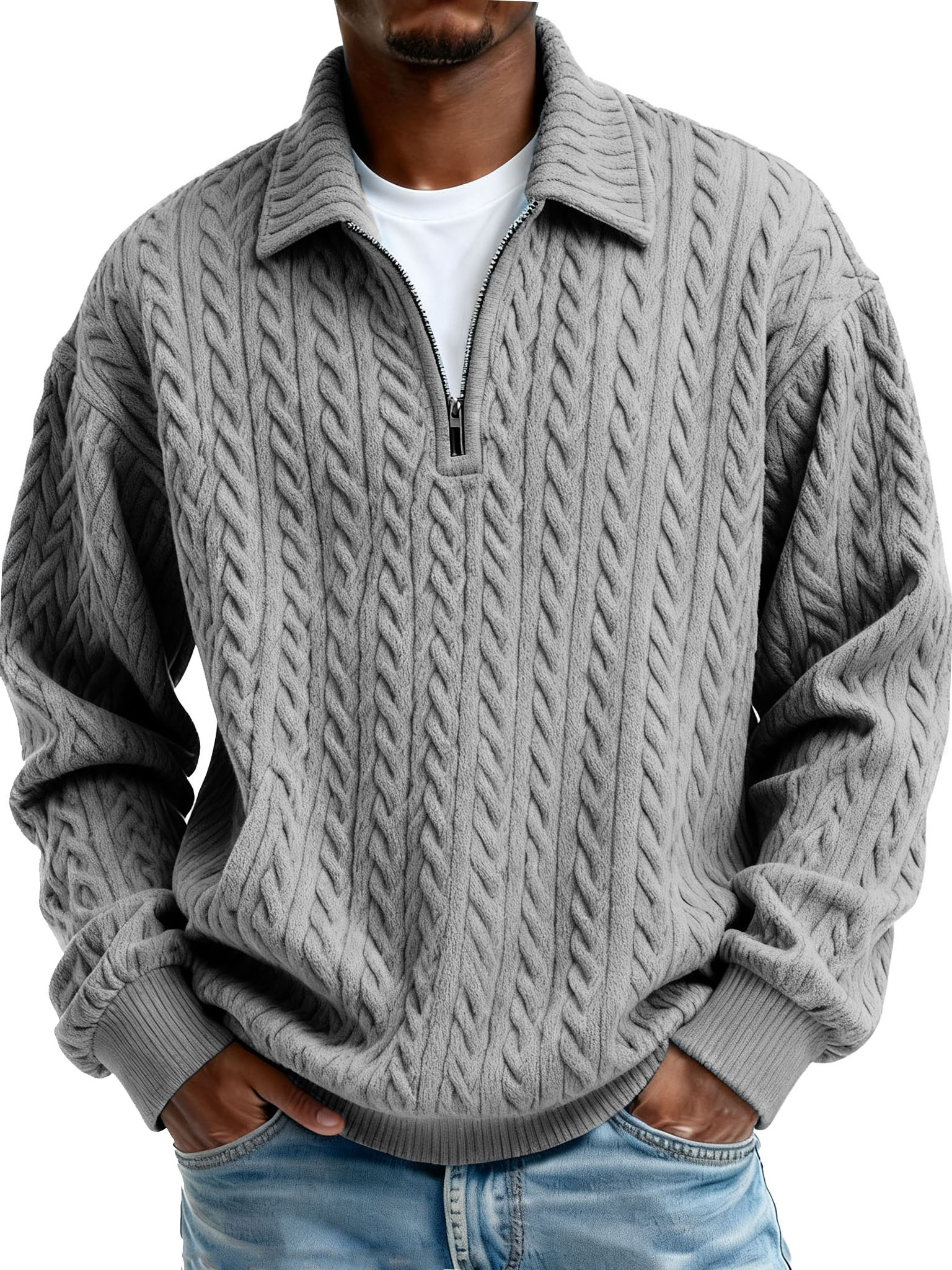 Men's Clothing Fashionable Casual Twist Texture Fabric Lapel Zipper Long-sleeved Hoodie 