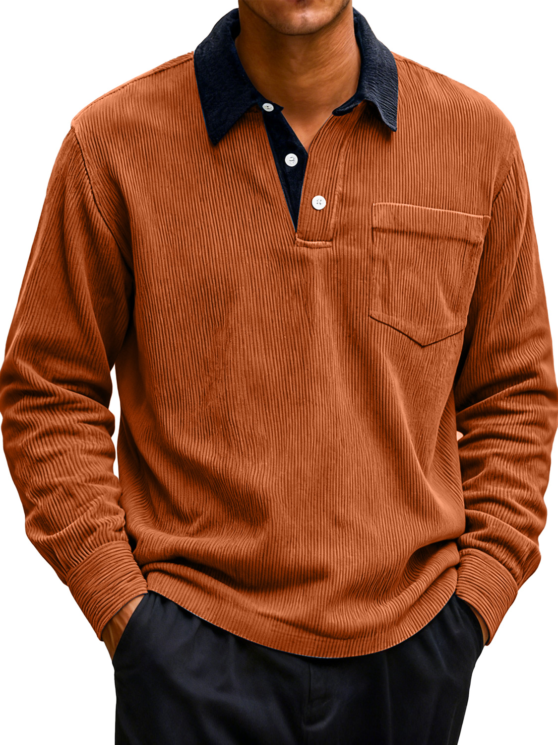 Men's Corduroy Lapel Stitching Casual Long-sleeved Polo Shirt