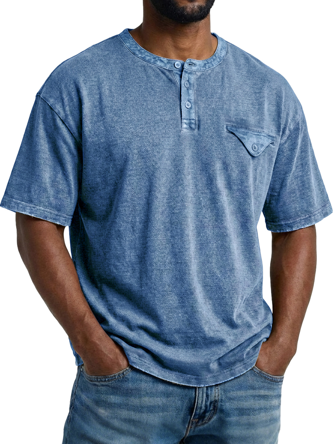Men's Retro Pocket Design Casual Short-Sleeve Henley Shirt