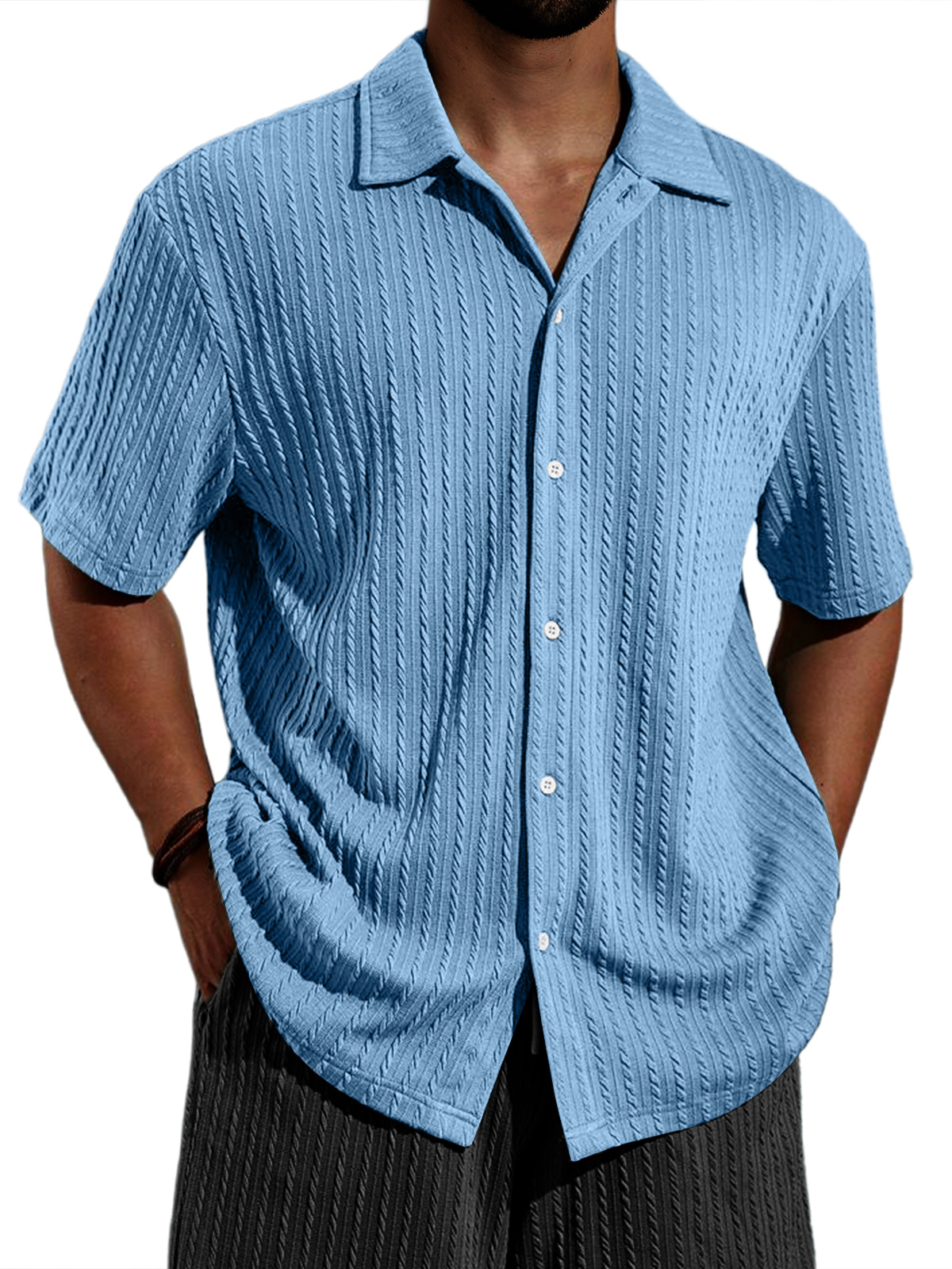 Men's Casual Lapel Jacquard Solid Color Short-sleeved Shirt