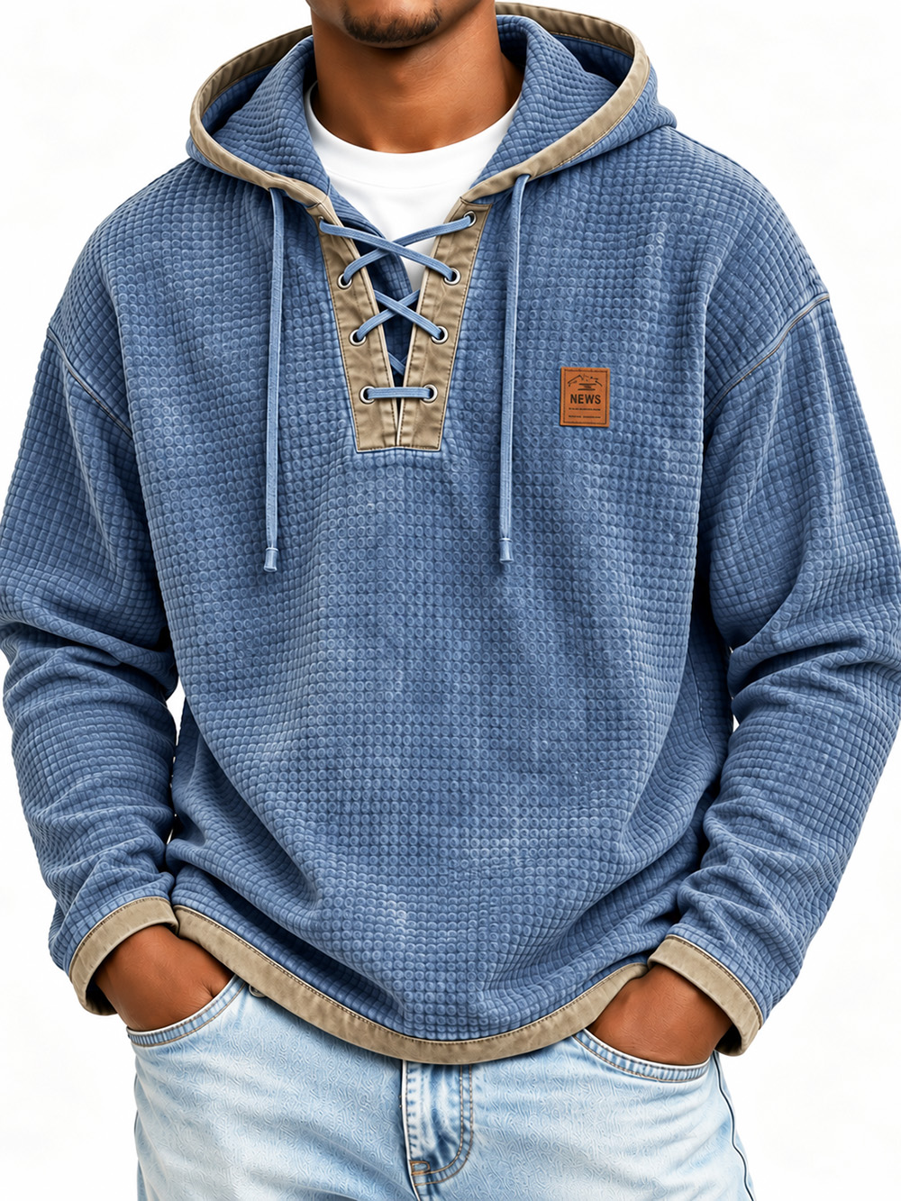 Men's Vintage Washed Distressed Waffle Knit Logo Long-Sleeve Hoodie