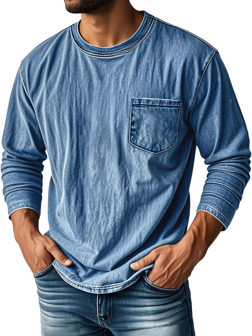 Men's Vintage Distressed Round Neck Pocket Casual Long-sleeved T-shirt