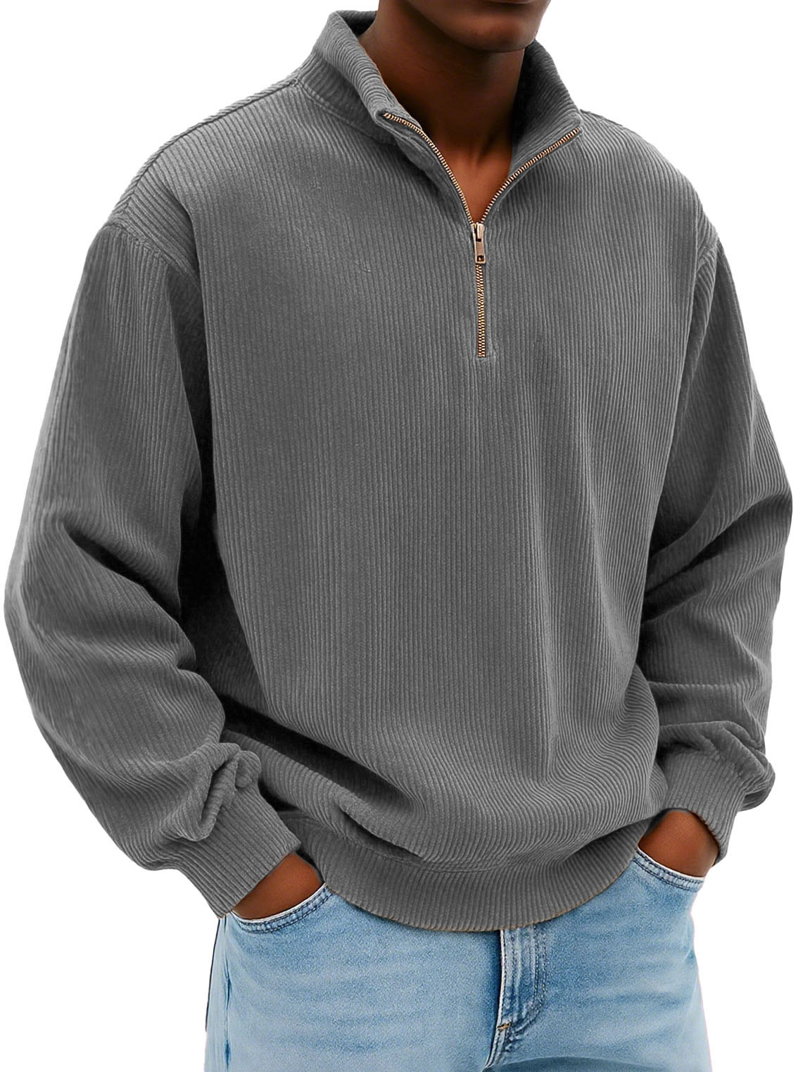 Men's Wear Fashionable Daily Casual Corduroy Pit Strip Fabric Long-sleeved Loose Stand-up Collar Sweater