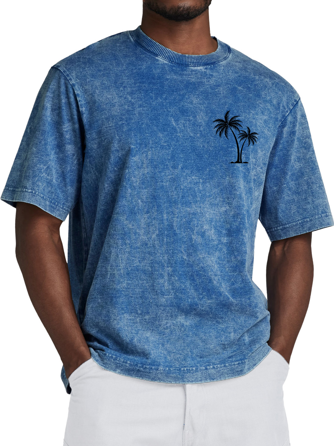 Men's 100% Cotton Retro Washed Coconut Tree Print Crew Neck Short Sleeve T-Shirt