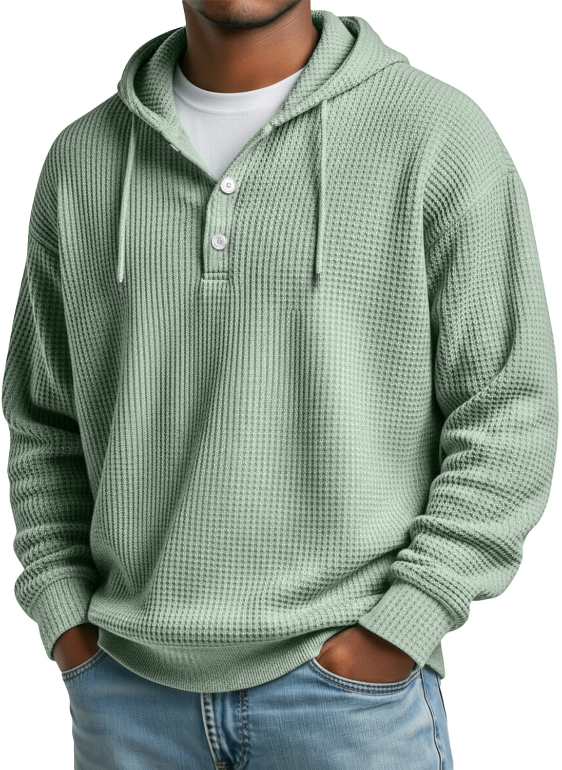 Men's Waffle Casual Hooded Button Loose Sweatshirt