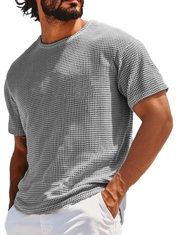 Men's Retro Fashion Round Neck Waffle Texture Fabric Short-sleeved T-shirt
