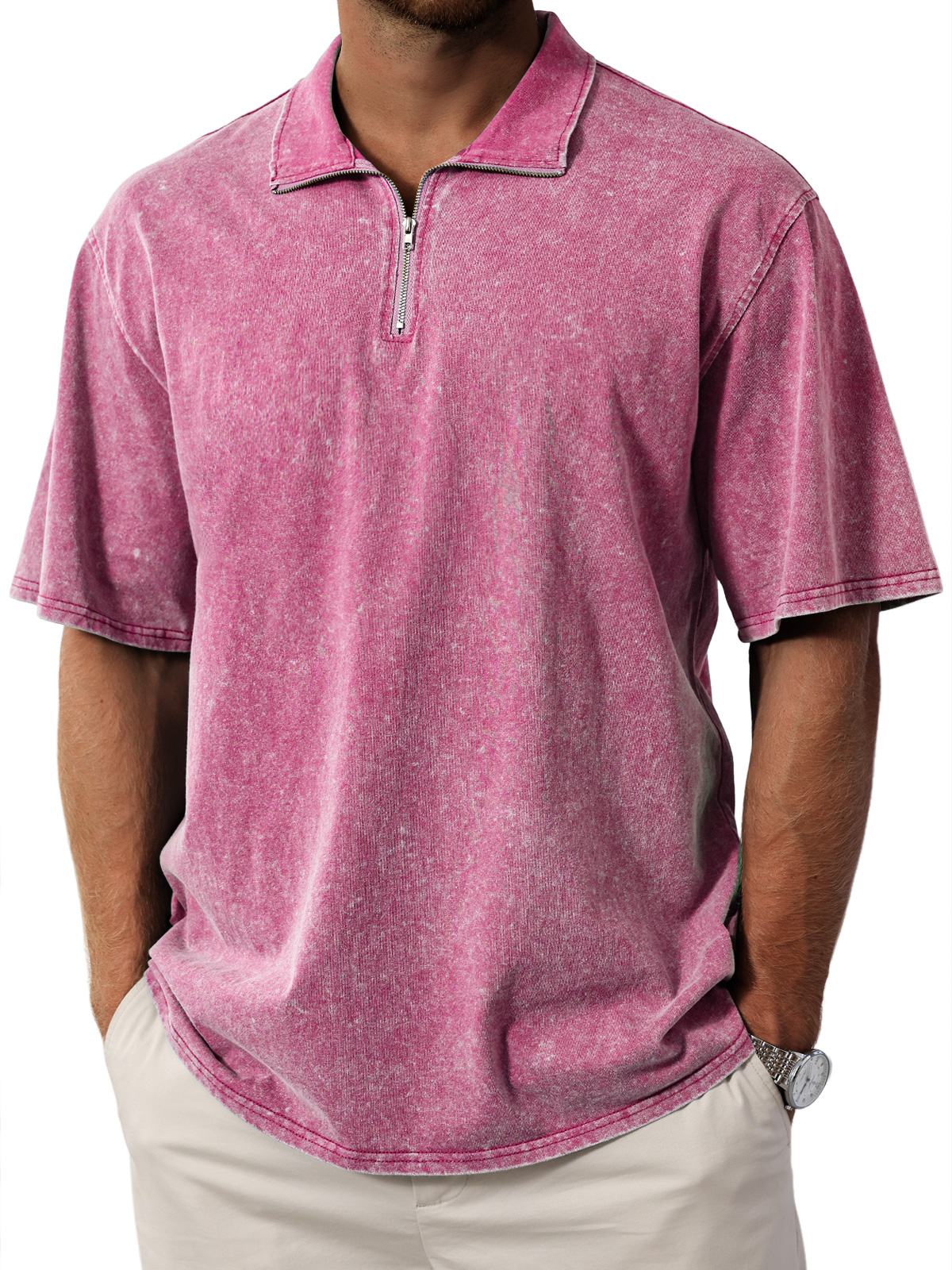 Men's Retro  Stand Collar Zipper Solid Color Short Sleeve T-Shirt