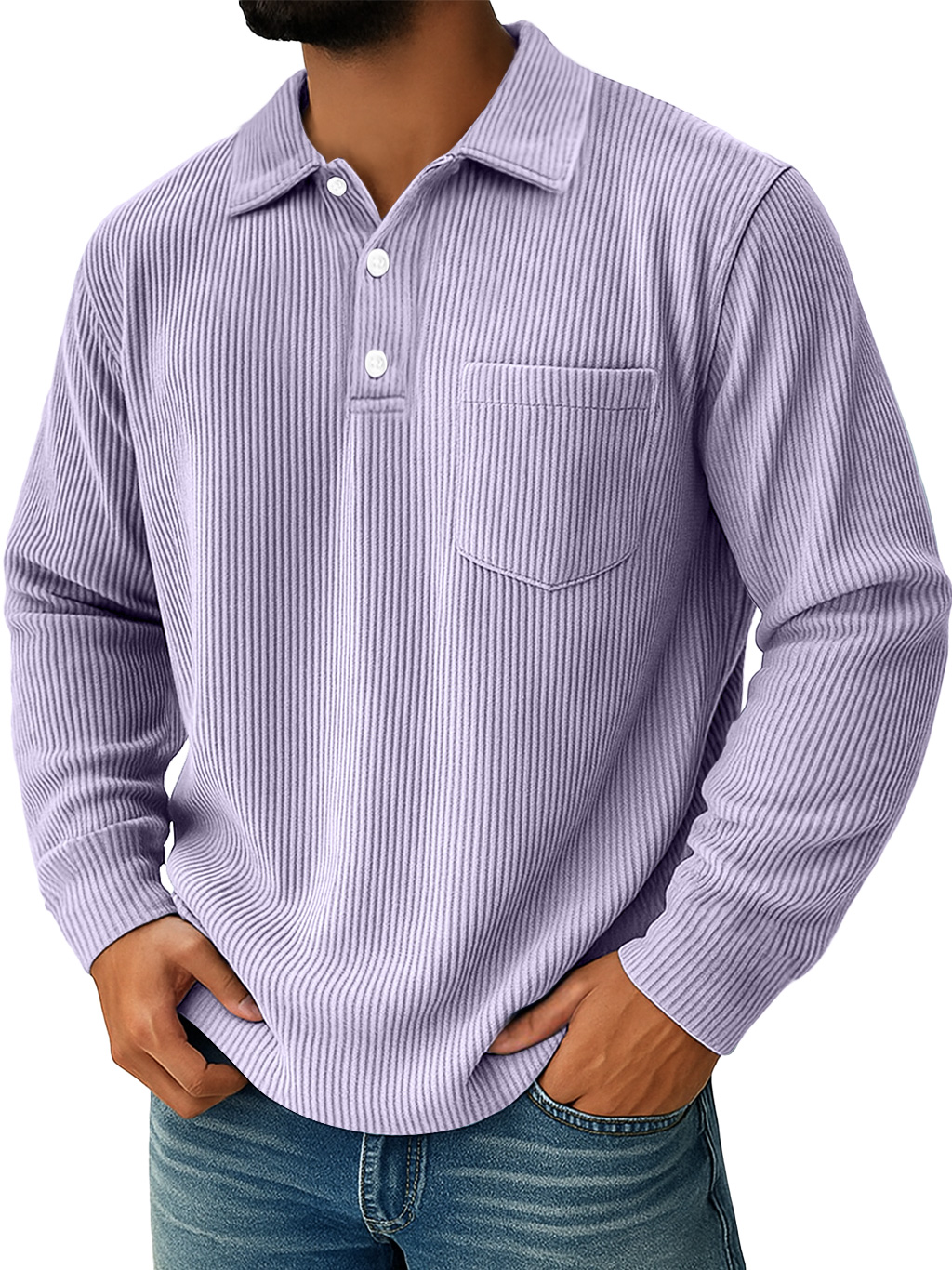 Men's Daily Ribbed Lapel Button-down Casual Pocket Long-sleeved Polo Shirt