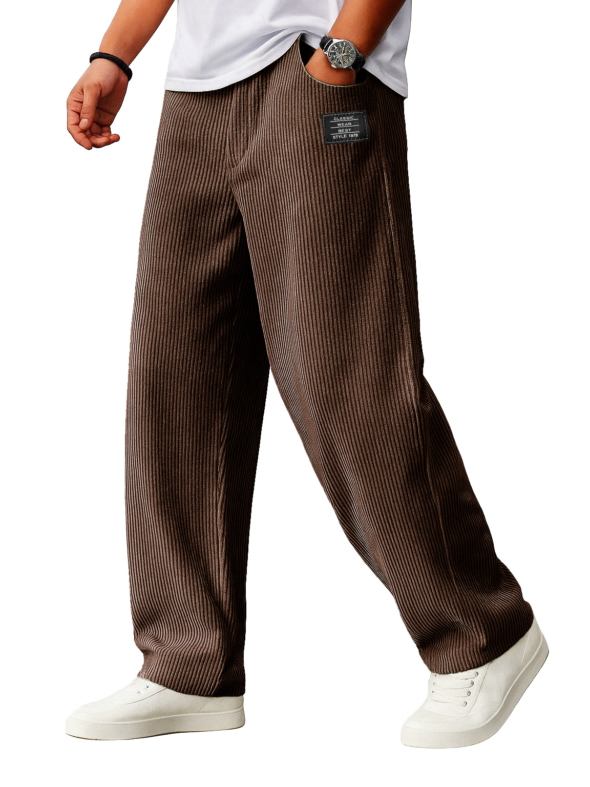 Men's Stylish Everyday Corduroy Ribbed Fabric Pants With Loose-fitting Drawstring Waist And Embroidered Logo